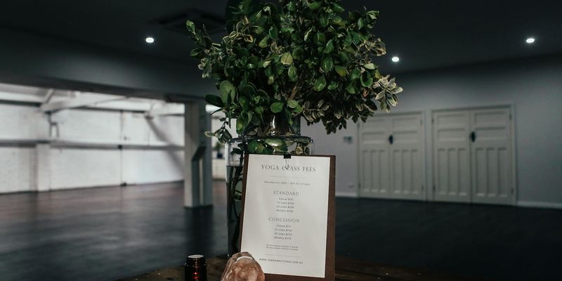 Interior of a calm and clean yoga studio with plants.